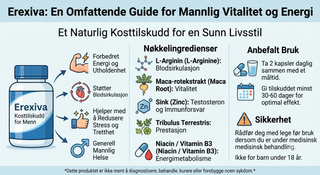 Infografikk på norsk om Erexiva kosttilskudd for menn, som viser nøkkelingredienser som L-Arginin, Maca og Sink, samt anbefalt bruk og fordeler for mannlig vitalitet.