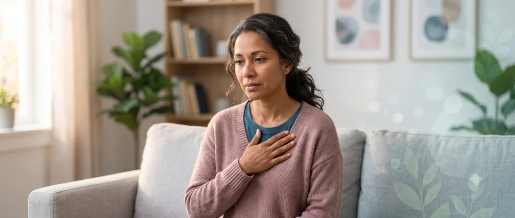 An empathetic illustration of a woman experiencing subtle chest discomfort, designed for a female heart attack symptoms quiz.